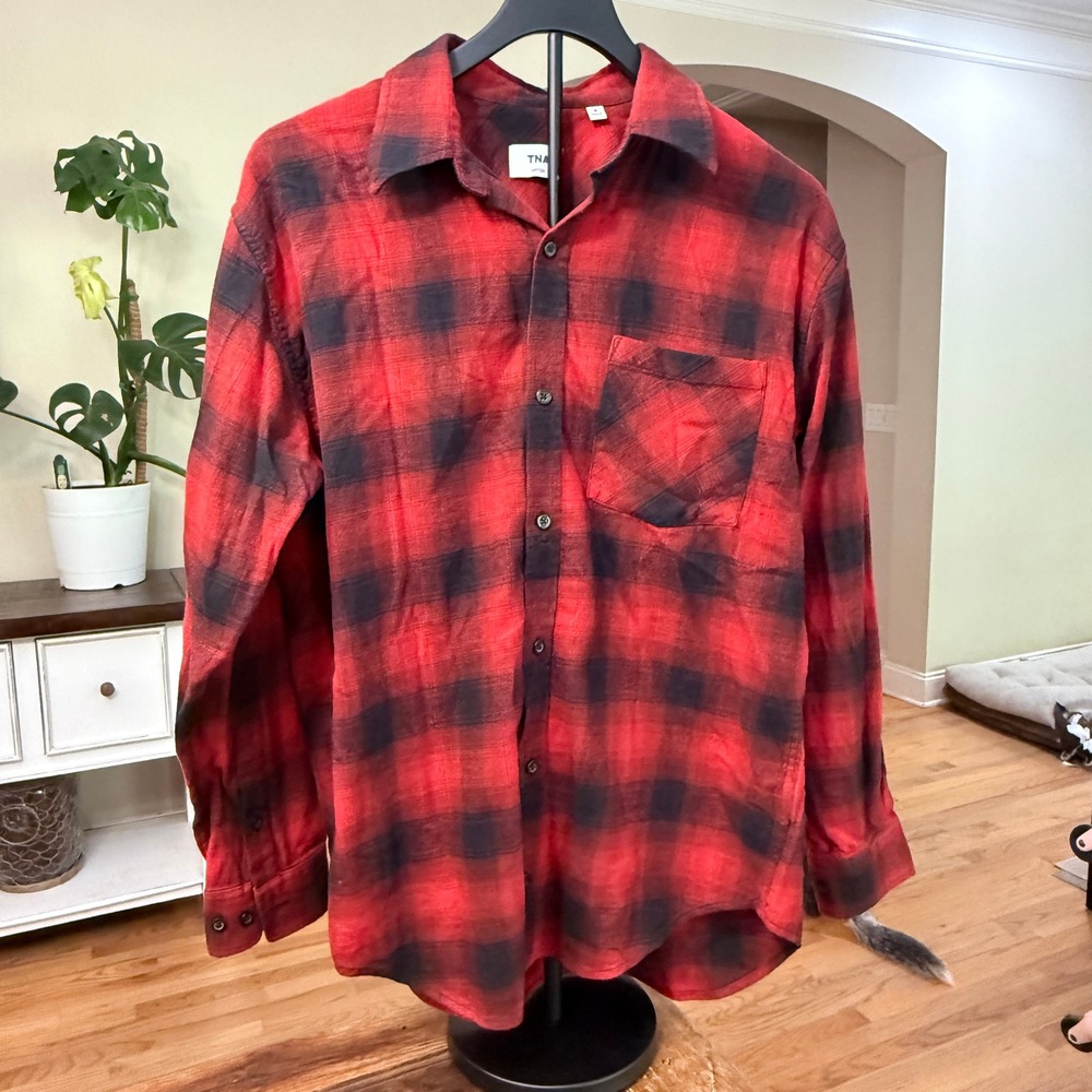 Aritzia TNA Red Black Buffalo Plaid Cotton Flannel Button Down Shirt Small Luxe